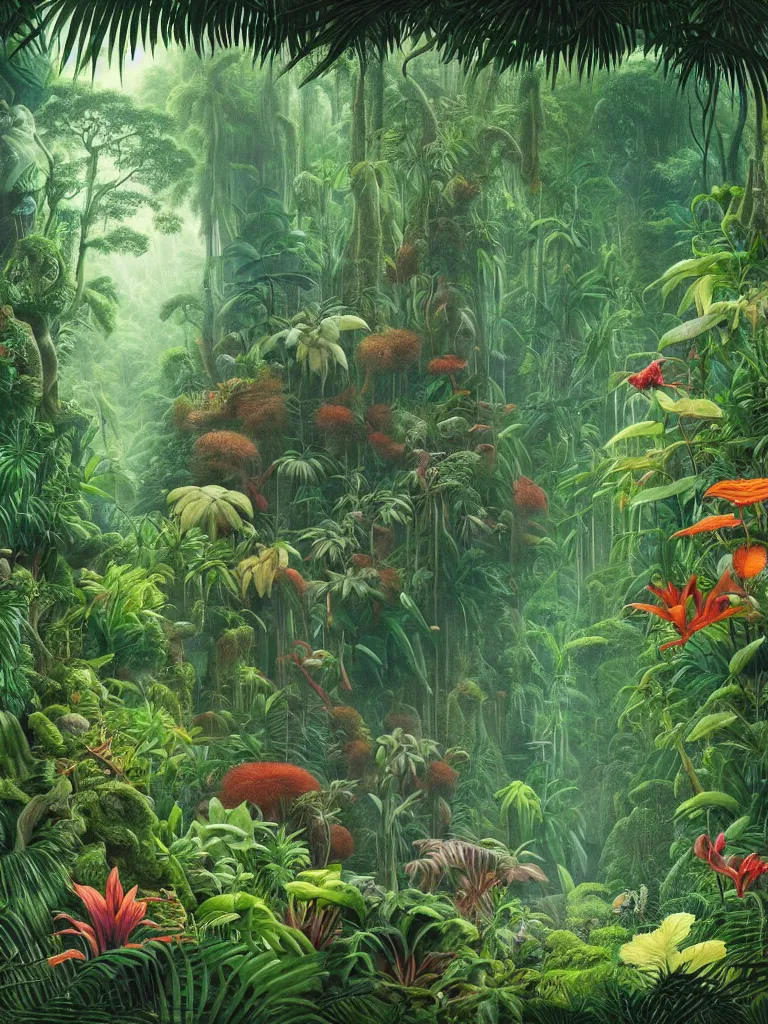 Prompt: a beautiful but foreboding dream inside the lush Malaysian jungle with exotic rainforest flora and fauna where time seems to stand still by Martin Johnson Heade, Hiroshi Sugimoto, Henri Rousseau, Ernst Haeckel, foggy memories of invisible primordial spirits, medium close up shot, wide angle lens, photorealism, anaglyph filter, cinematic mood lighting, National Geographic photography, trending on Art Station.