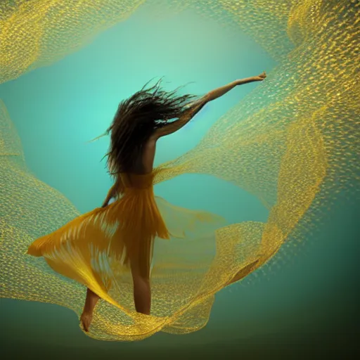 Prompt: woman dancing and spinning underwater while wearing a dress made of many very long layers of thin sheer golden fabrics flowing in the fast current, hundreds of tiny bubbles in the foreground somewhat obscure and blur her body, coral sea bottom, swirling schools of silver fish, bubbles, swirling smoke shapes, octane render, caustics lighting from above, cinematic