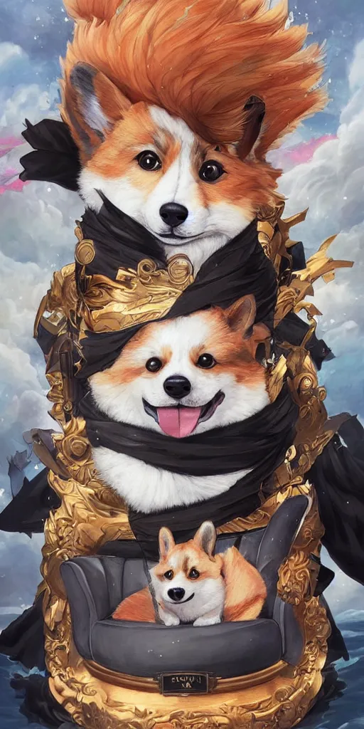 Image similar to highly detailed portrait anime painting of a fluffy corgi ninja god chilling on his throne, by Anna Dittmann and Hikari Shimoda , trending on Artstation, 8k, masterpiece