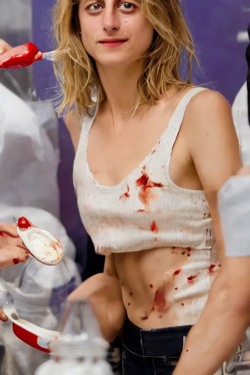 Image similar to melanie laurent pouring a vat of ketchup on herself