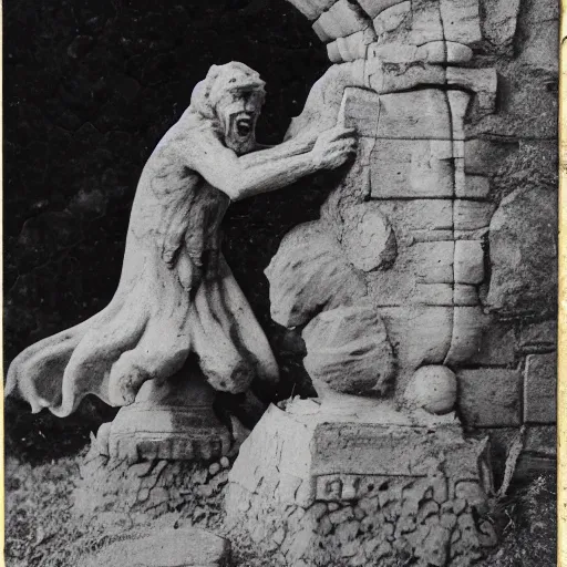 Prompt: antique photo of a creature busting out of a stone gargoyle, highly detailed, cfg = 1 5