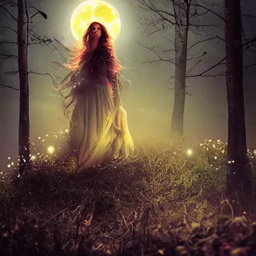 Image similar to mystical Druid woman under a full moon, nature, ambient lighting, art station, beautiful,