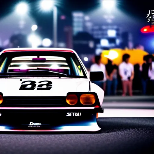 Image similar to a car s30 turbo drift at illegal car meet, Shibuya prefecture, city midnight mist lights, cinematic lighting, photorealistic, highly detailed wheels, high detail