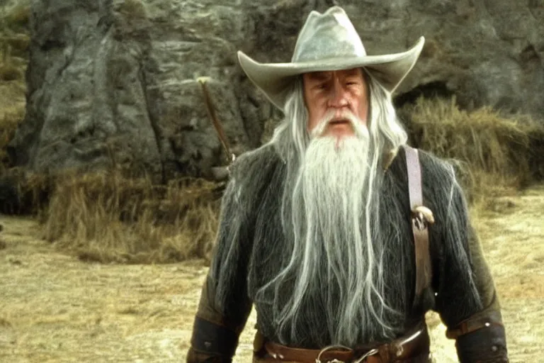 Prompt: Cowboy Gandalf wearing Stetson hat and leather trousers. Movie still from lord of the rings the fellowship of the ring.