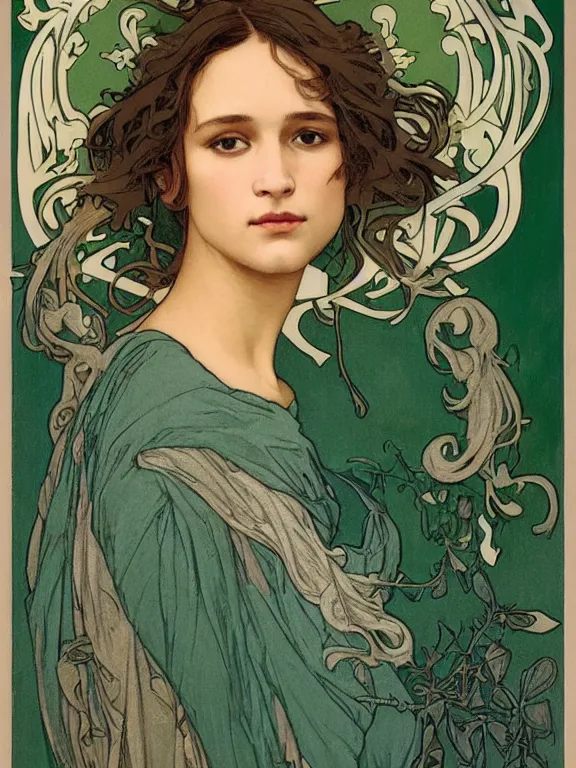 Image similar to an art nouveau mucha poster style head and shoulders portrait oil painting of a pretty young alicia jessica vikander alba wearing an oversize grey - green t - shirt, intricate, detailed, smooth, complex, elaborate, by alphonse mucha and james gurney and john william waterhouse and bouguereau