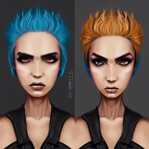 Image similar to illustrated realistic portrait of swept-back prong-horned devil woman with blue bob hairstyle and her tan colored skin and with solid black eyes wearing leather by rossdraws