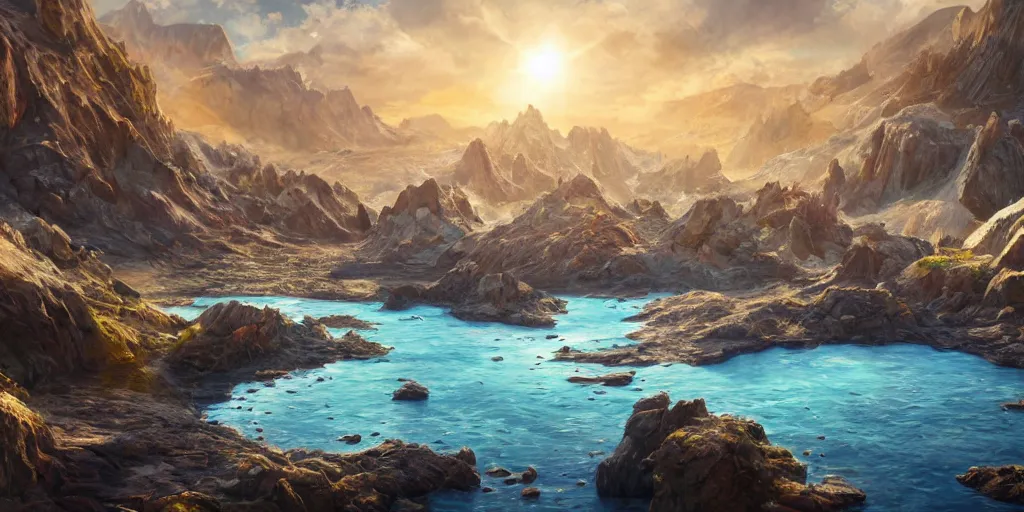 Image similar to a desolate salt covered island surrounded by colourful rugged crystal quartz mountains, illustration, bright sunlight, sun glints, sunrays, digital art, hyperrealistic, oil painting, fantasy, 8 k, trending on artstation, detailed