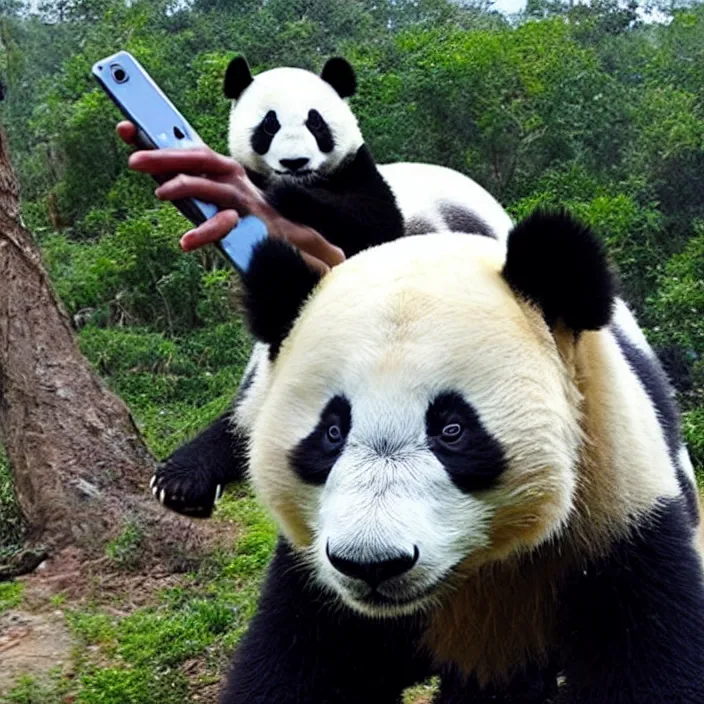 Image similar to a panda is taking a selfie with a smartphone