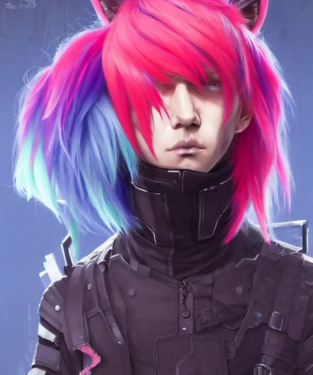 Image similar to character concept art of a cute cyberpunk boy with colorful hair and wolf ears wearing tight clothing | | cute - fine - face, pretty face, key visual, realistic shaded perfect face, fine details by stanley artgerm lau, wlop, rossdraws, james jean, andrei riabovitchev, marc simonetti, and sakimichan, trending on artstation