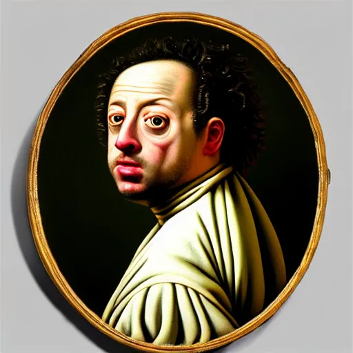 Image similar to A 17th century Baroque Painting of Gene Ween, grainy, realistic, hyperrealistic, very realistic, very very realistic, highly detailed, very detailed, extremely detailed, detailed, digital art, trending on artstation, detailed face, very detailed face, very detailed face, realism, HD Quality, 8k resolution, intricate details, body and head in frame, painting, oil painting, trending on deviantart, Baroque Painting