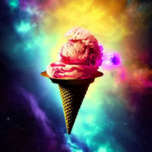 Image similar to dramatic render of a galaxy flavored ice cream cone flying through a space nebula, cgsociety, artstation, 4k