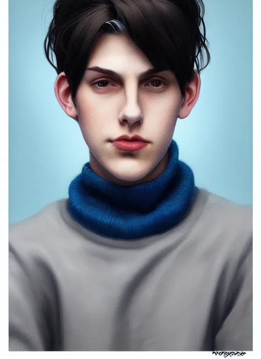 Image similar to portrait of teenage jughead jones wearing a light grey crown, crown, blue turtleneck, closed eyes, photorealistic, black hair, intricate, elegant, glowing lights, highly detailed, digital painting, artstation, concept art, smooth, sharp focus, illustration, art by wlop, mars ravelo and greg rutkowski