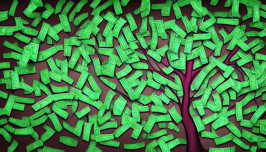 Prompt: a tree that grows dollar bills instead of leaves, digital art, highly detailed, realistic, bright colors, 8 k