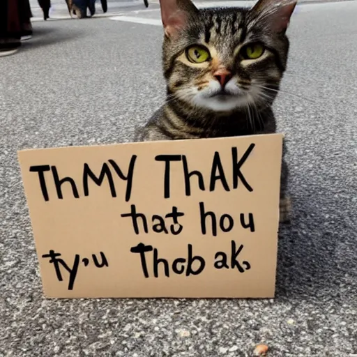 Image similar to a tabby cat holding a sign that says thank you!