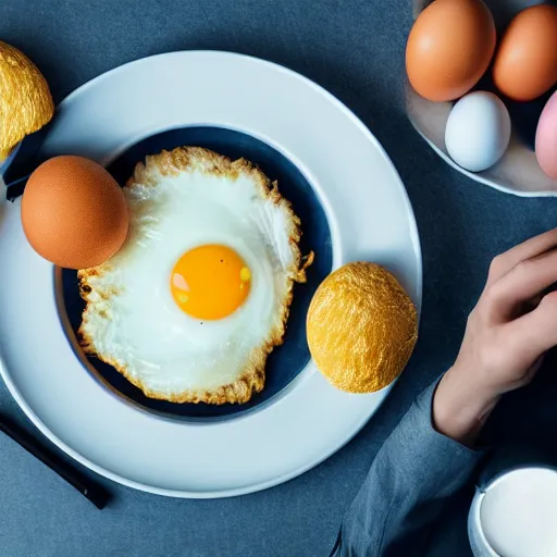 Image similar to an ultra high definition birds eye view photograph of a man typing on fried eggs