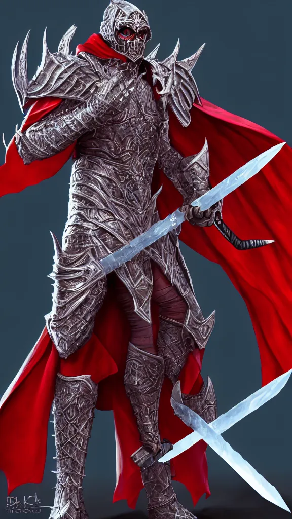 Image similar to male demon holding a obsidian sword, ice metallic armor, red cape, detailed arms, intricate ice armor, two arms, two legs, detailed fanart, rpg art, d&d art, macro art, digital art, DeviantArt, artstation, 8k HD