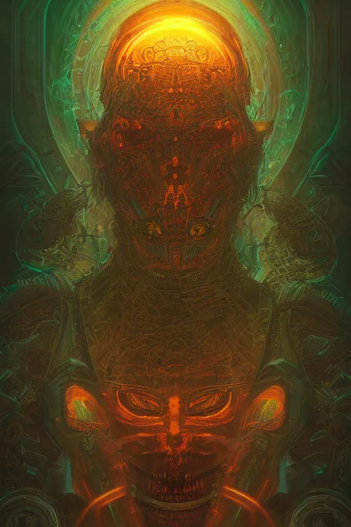 Image similar to Portrait of geometric masked necromancer, psychedelic, vaporware, glowing techcore symbols, glowing occult symbols, cinematic, ornate, highly detailed, gloomcore illustration, Marc Simonetti, Giger, Satoshi Kon, 8k,