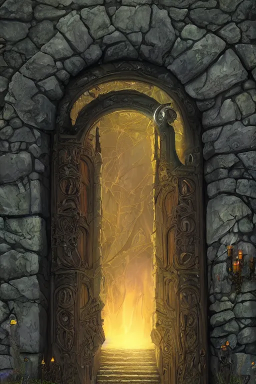 Prompt: matte glossy painting of stone steps fantasy leading do a gothic witches doorway portal, artstation by emilia dziubak, will terry, greg olsen, chris mars, ann long, and mark brooks, gret ritkowski dramatic, architecture, colorful warcraft architecture