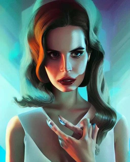 Image similar to portrait of lana del rey as a cyborg. intricate abstract. intricate artwork. by tooth wu, wlop, beeple, dan mumford. octane render, trending on artstation, greg rutkowski very coherent symmetrical artwork. cinematic, hyper realism, high detail, octane render, 8 k, iridescent accents