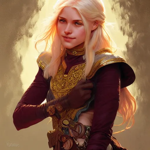 Image similar to an epic fantasy comic book style portrait painting of a young blonde girl thief, d & d, fantasy, joyful smirk, intricate, elegant, digital painting, artstation, concept art, matte, sharp focus, illustration, art by artgerm and greg rutkowski and alphonse mucha