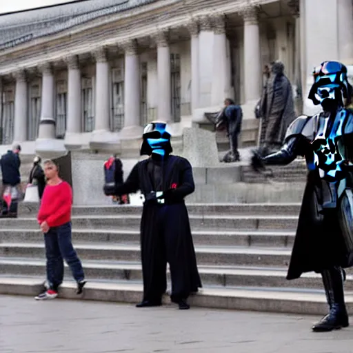 Image similar to darth vader fighting for removing tax on tampons, in trafalgar square