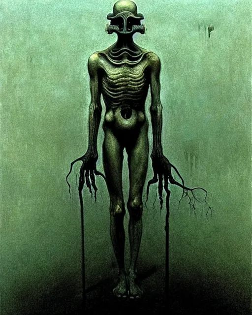 Image similar to full-body creepy realistic central composition, a decapitated soldier with futuristic elements. he welcomes you into the fog with no head, dark dimension, empty helmet inside is occult mystical symbolism headless full-length view. standing in ancient gate eldritch energies disturbing frightening eerie, artwork by Salvador Dali, Beksiński, Van Gogh and Monet.