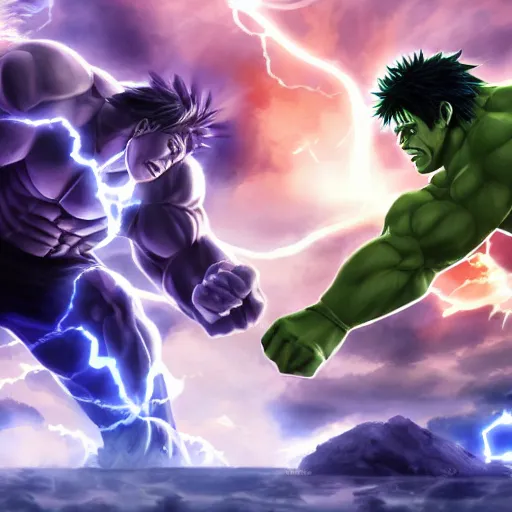 Prompt: epic anime battle between the sasuke and the incredible hulk, digital art, game art, character design, trending on artstation, ultra realistic, ultra detailed