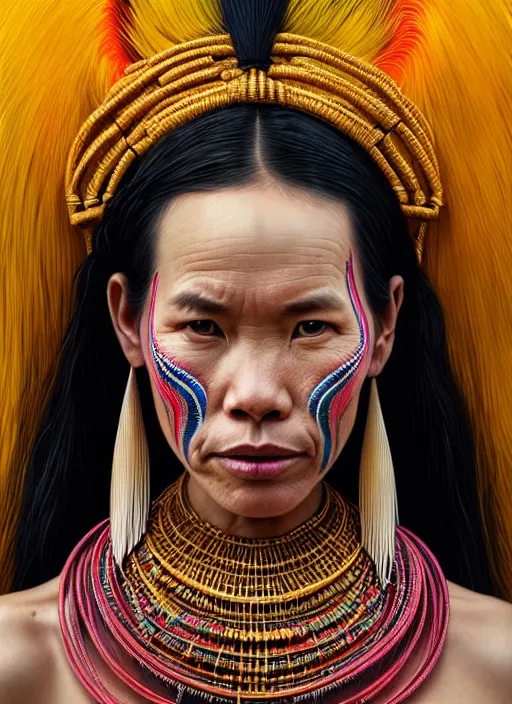 Image similar to portrait of catriona balfe as a kayan tribe woman with gold neck rings, hyper detailed ultra sharp trending on artstation, colorful, psychedelic, ornate, intricate, digital painting, concept art, smooth, sharp focus, illustration, art by artgerm and greg rutkowski and h. r. giger, 8 k