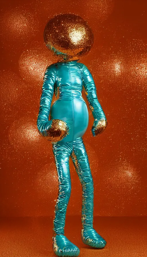 Prompt: a single dancing slender figurine of a tall giant inflated space woman wearing over sized gold teal puffy bomber jacket, long bendy arms and legs, googly eyes, tareme eyes, small head, personification, dynamic pose, detailed product photo, tone mapped, beautiful composition, orange mist swirling at feet, 8 5 mm, f 5. 8
