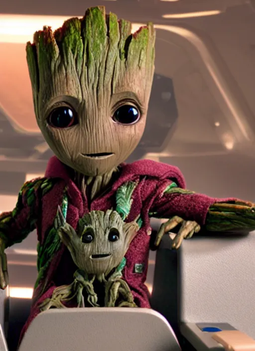 Prompt: baby groot sitting in the captains chair of the uss enterprise, photo realistic