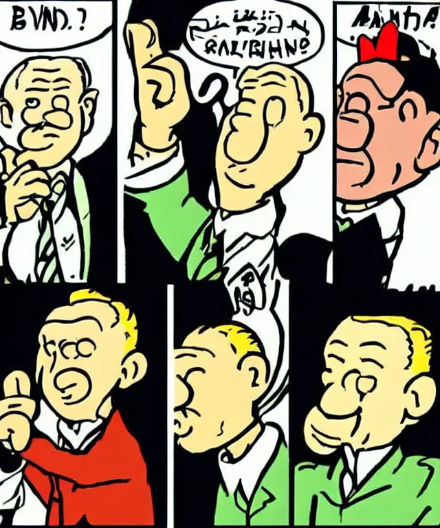 Image similar to a hand-drawn character from Tintin looking like Benjamin Netanyahu, Comics, Hergé