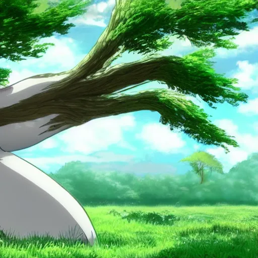 Image similar to big white whale flying near giant tree in the green field, anime, HD,