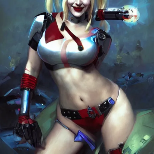 Image similar to portrait of Harley Quinn in bikini armor, dc comics, cyberpunk, Warhammer 40000, dark fantasy, digital art from artstation by Ruan Jia and Mandy Jurgens and Artgerm and william-adolphe bouguereau