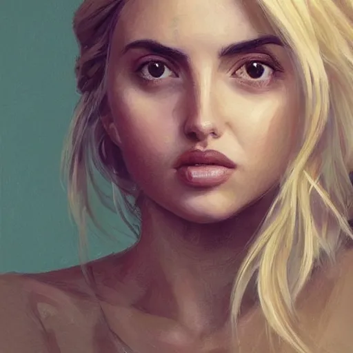 Image similar to Realistic painting of Ana de Armas with a blond hair, profile picture by Greg Rutkowski, asymmetrical, Organic Painting , Matte Painting, geometric shapes, hard edges, street art, trending on the artstation:2 by Sachin Teng:4, blur: -4