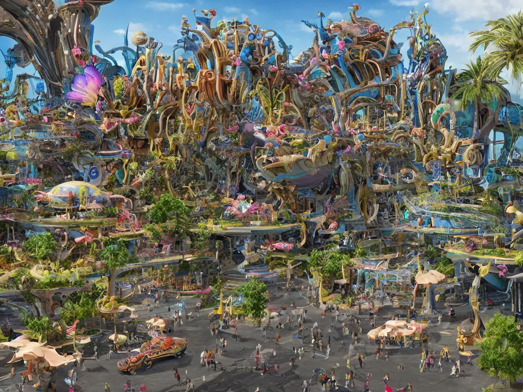 Image similar to a busy elaborate ornate outdoor science museum, cinematic, shadows, 4 k, detailed, by zaha hadid and lisa frank and peter jackson and ridley scott and beeple and greg rutowski