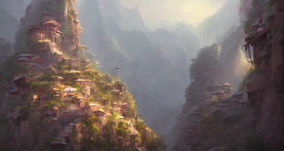 Prompt: natural beauty village on a mountain slope, realistic concept art, eytan zana, one pixel brush, complementary color scheme, cinematic moody lighting, concept art, trending on artstation