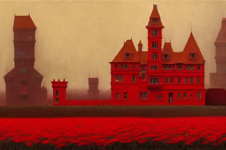 Image similar to only with red, red flowers of different types, red castle in background, red medieval big goblins, in the style of beksinski, parts by edward hopper, parts by rodcenko, parts by yue minjun, intricate and epic composition, red by caravaggio, insanely quality, highly detailed, masterpiece, red light, artstation, 4 k