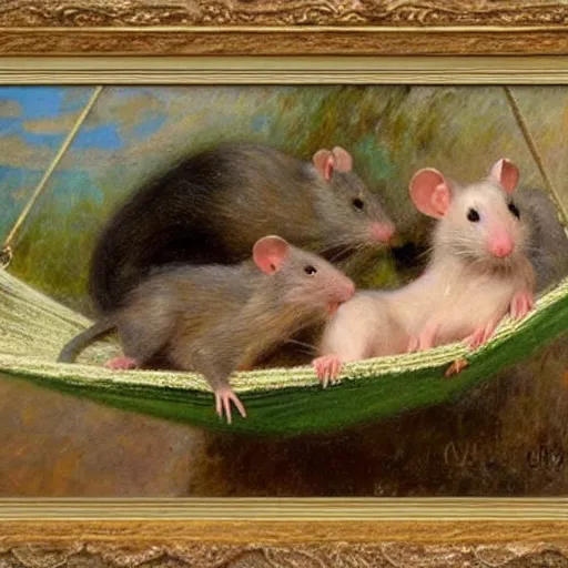 Prompt: Gaston Bussiere painting of two pet rats lounging inside a hammock, soft lighting