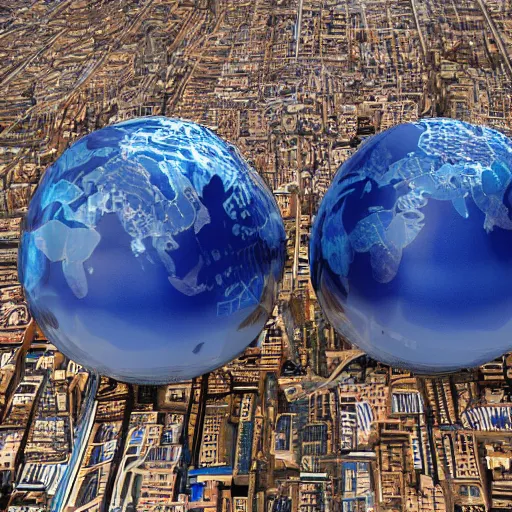 Image similar to a sphere containing a sphere which contains a city, the first sphere is translucent gold and the second sphere is translucent blue and the city is metallic silver, digital, 3D, detailed, photo realistic