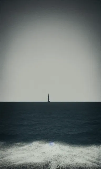 Image similar to lone dark tower in the center of a serene vast ocean, album artwork, album cover, expressionist, minimal