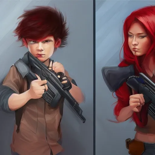 Image similar to a concept art of a boy and a girl with red hair holding a gun, highly detailed, digital painting, artstation, concept art, smooth, sharp focus, illustration