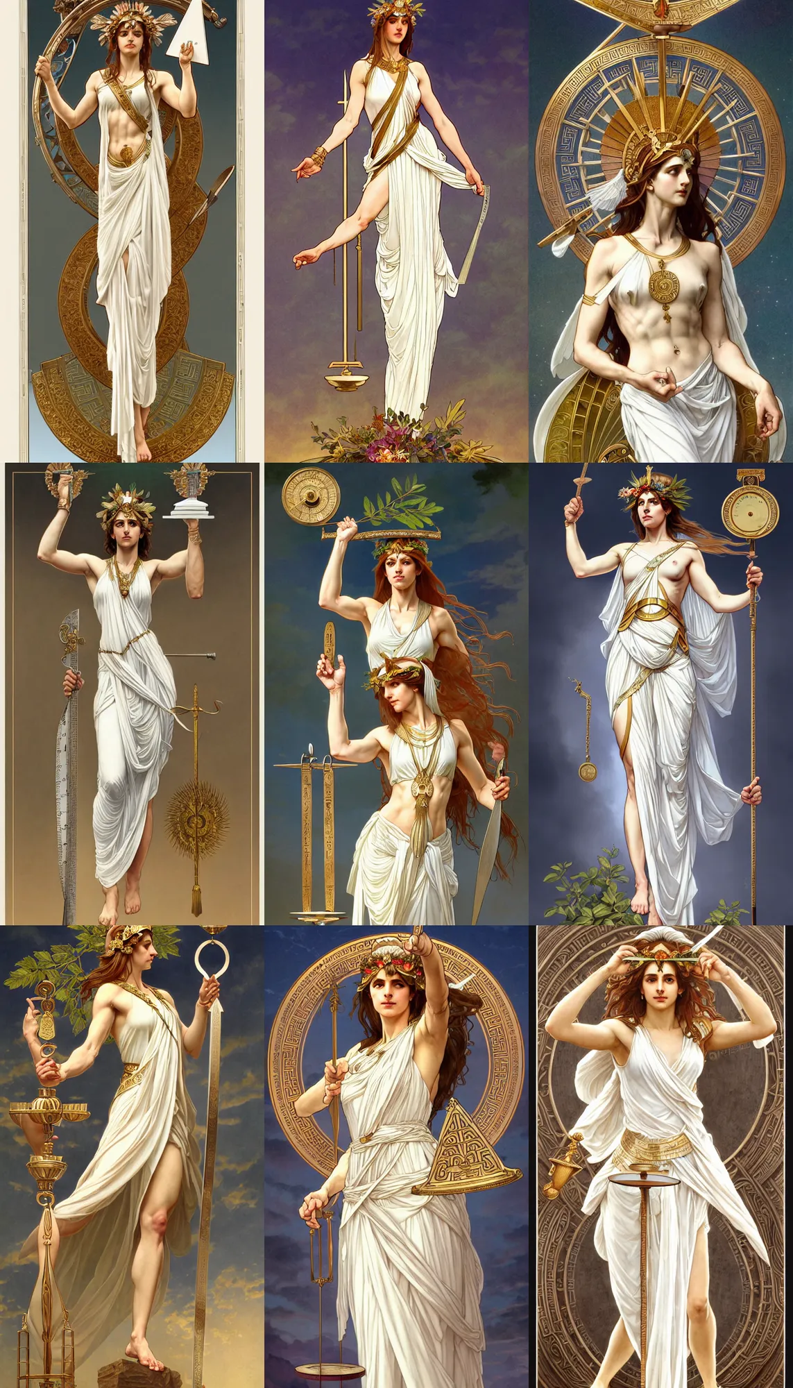 Prompt: a full body portrait of themis the greek goddess of balance holding a balance scale, wearing ancient greek white paper tunic and laurel wreath, extremely beautiful, young and slender, by artgerm and by greg rutkowski and by alphonse mucha and by simon bisley, radiant light, detailed and intricate environment