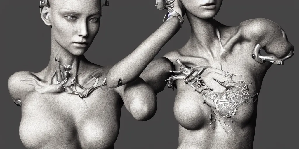 Image similar to hyper realistic photography of a stunningly beautiful cyborg female, elbow, chest, intimate, holding close, reflective chrome in the style of beth cavener, jin kagetsu,, and wlop, highly detailed, intricate filigree, masterpiece, award winning, sharp focus, concept art, ringflash lighting, ambient lighting, octane render, 8 k, artstation