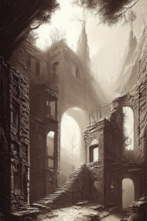 Image similar to (((((a ramshackle manhattan brick brownstone deep in the forest))))) by Raphael Lacoste!!!!!!!!!!!!!!!!!!!!!!!!!!!