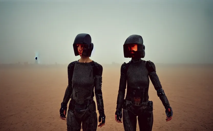 Image similar to cinestill 5 0 d photographic portrait by helen levitt of two loving female androids wearing rugged black mesh techwear on a desolate plain, extreme closeup, modern cyberpunk, dust storm, 8 k, hd, high resolution, 3 5 mm, f / 3 2, ultra realistic faces, ex machina