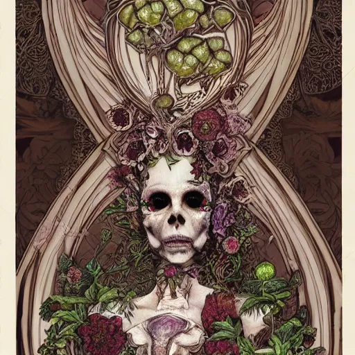 Image similar to detailed rotten woman skull corpse with fractal plants and fractal flowers and mushrooms growing around, symmetrical, ornate, ornamentation, illustration, in the style of art nouveau, mucha