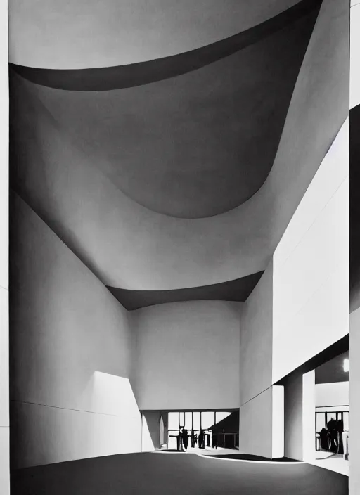 Image similar to a blacka and white painting of the interior of teshima art museum