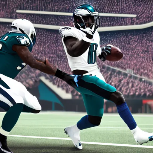 Image similar to nfl eagles wide receiver aj brown catching a football from, 8 k, 4 k uhd, realistic, hyper realistic, super detailed, very detailed, detailed