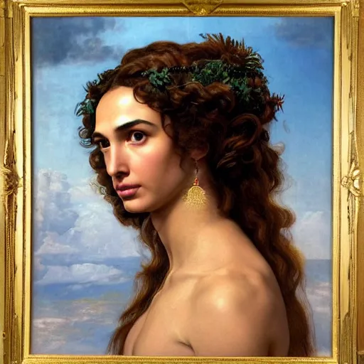 Image similar to Head and shoulders masterpiece portrait oil painting of the beautiful goddess Gal Gadot as Venus, she is wearing roman clothes and a surreal jewelry, her hair is natural disheveled, she is approaching heaven over the clouds, naturalism, dramatic lighting, high-detailed oil painting by Ilya Repin, Michelangelo da Caravaggio, William Blake, Alex Grey and Beksinski, trending on Artsation, hystorical painting, naturalism, masterpiece, 4k, 8k,