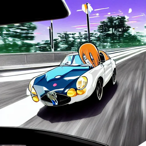 Image similar to 3 d photo of an anime girl with cat ears and long hair looking to her side, racing down a tokyo highway in the drivers seat of an alpine a 1 1 0, bokeh, shader, anime art style, highly detailed, cel - shaded, colorful, animated, trending